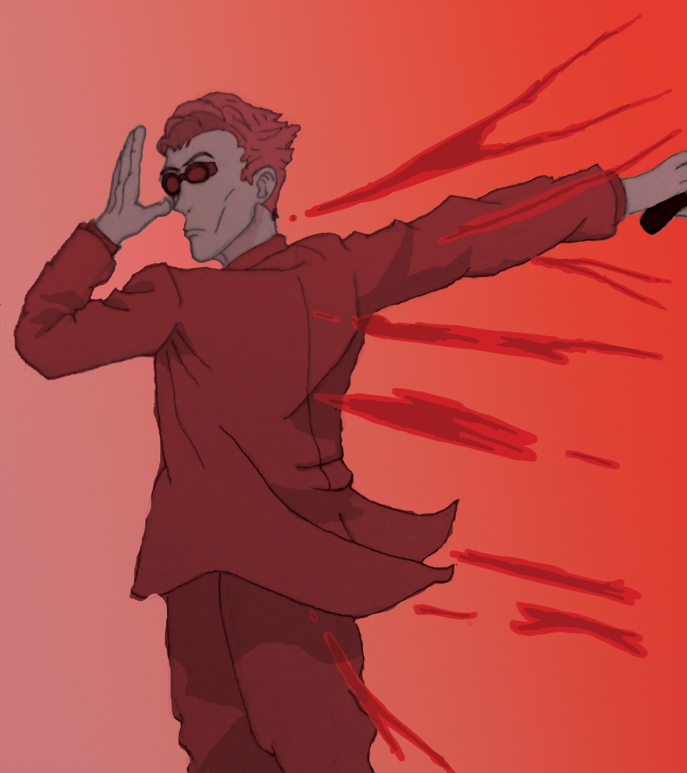 Nanami from Jujutsu Kaisen in a dynamic slicing pose, all in red